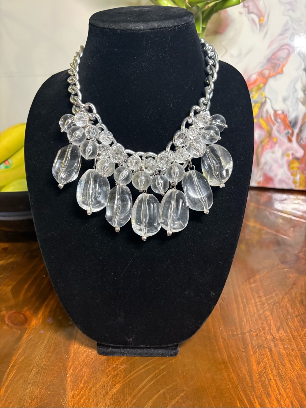 Clear Statement Bead Necklace with Silver-Tone Chain